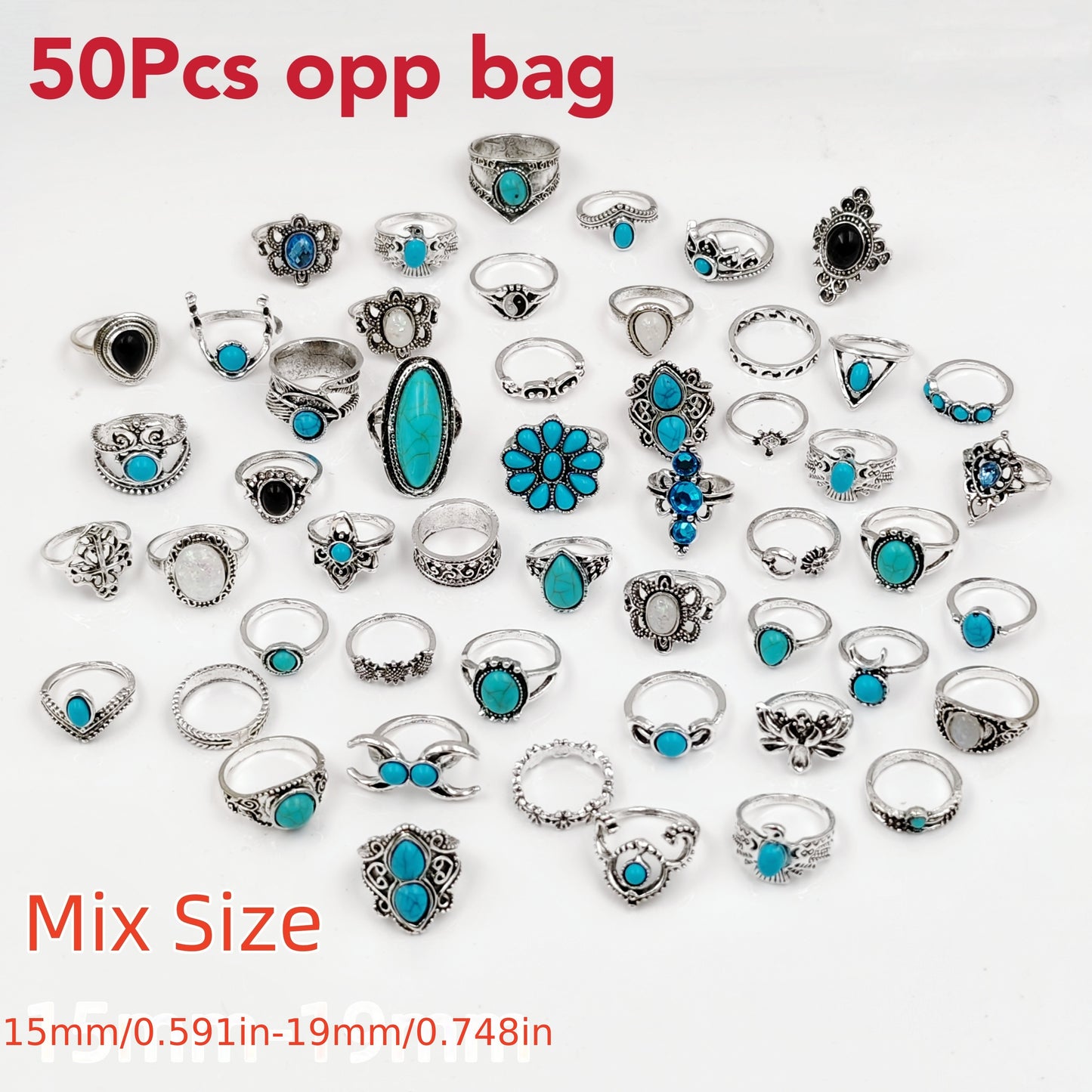 50pcs Boho Style Ring Set - Trendy Flower/Crown/Geometry Design Mix and Match