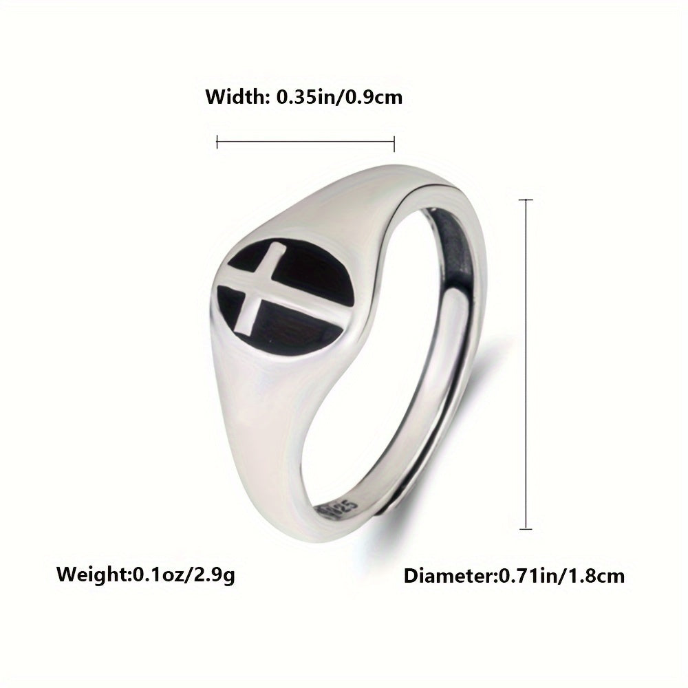 925 Sterling Silver Signet Ring - Retro Cross Design Adjustable Daily Ring