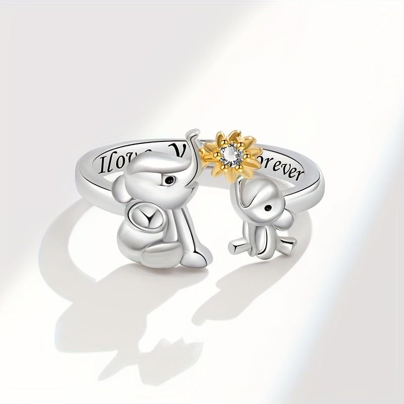 925 Silver Plated Elephants Playing With Flower Cuff Ring - Cute Jewelry