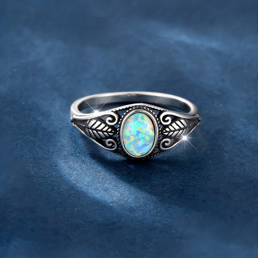 925 Sterling Silver Carved Leaves Opal Ring - Colorful Lights Daily Outfits