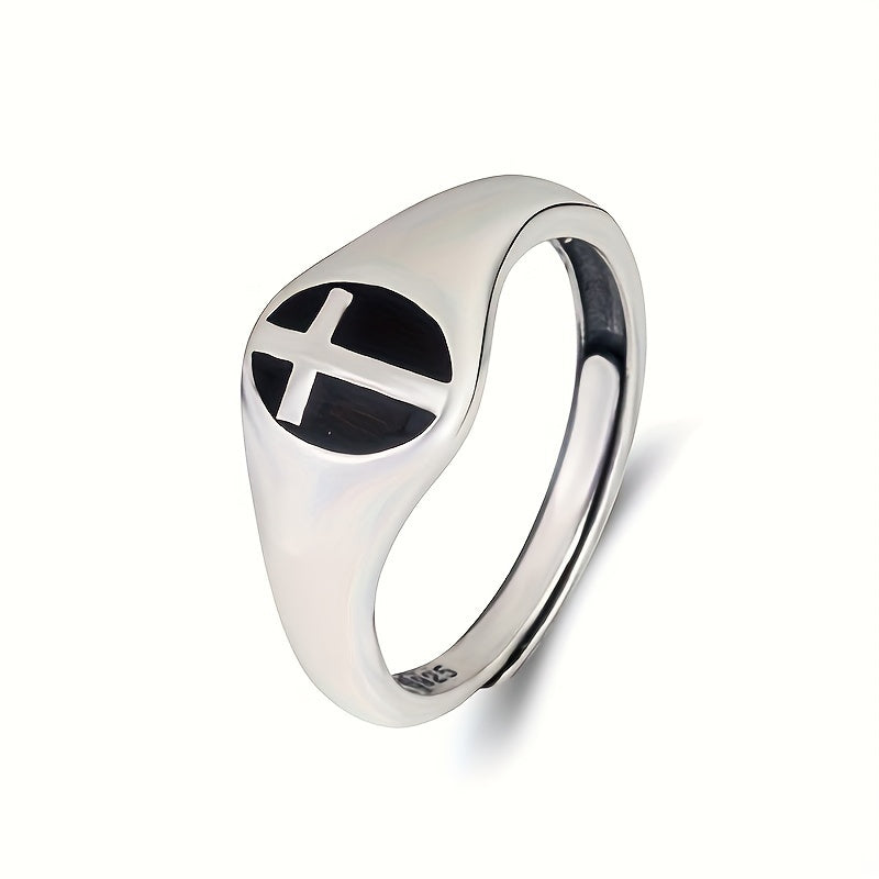 925 Sterling Silver Signet Ring - Retro Cross Design Adjustable Daily Ring