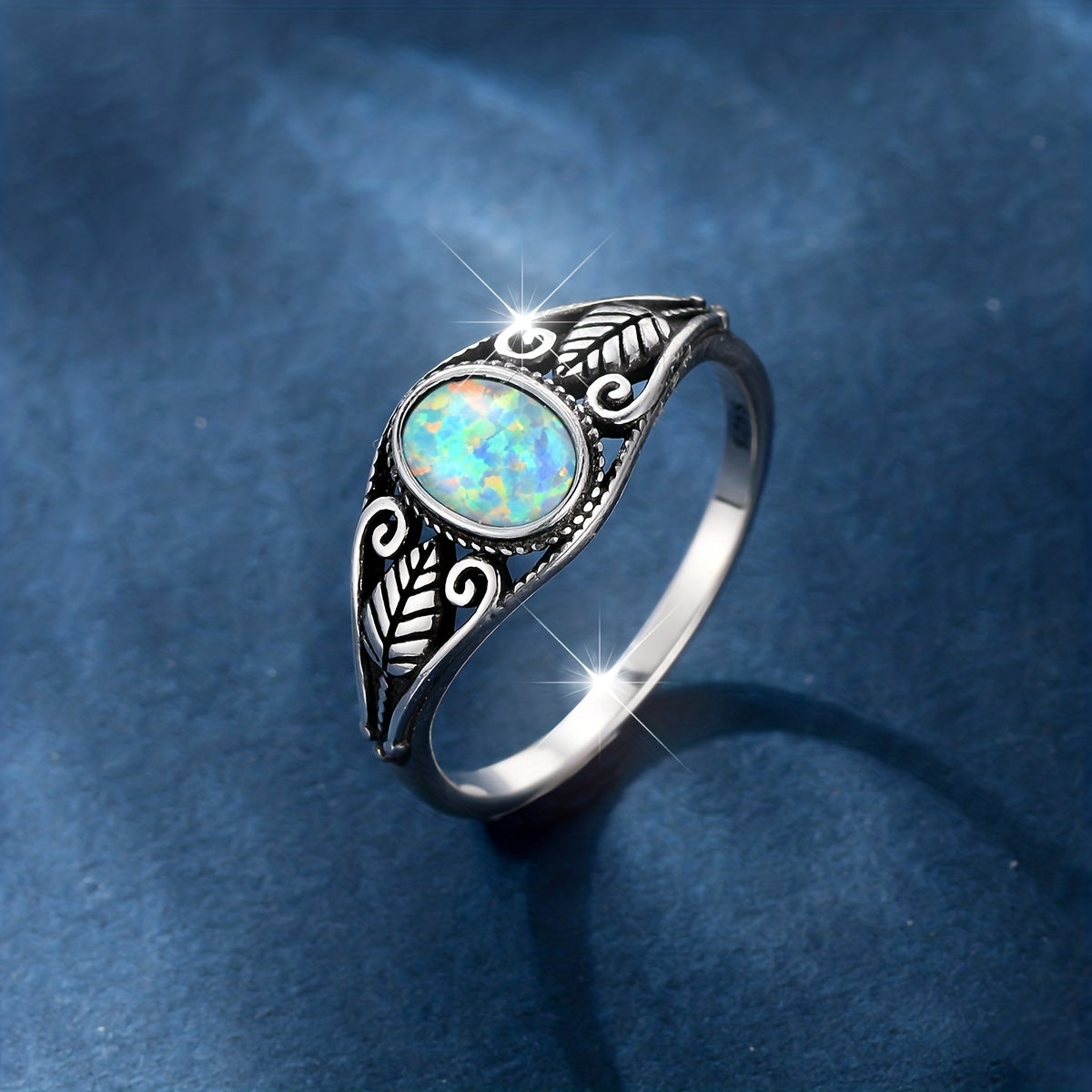 925 Sterling Silver Carved Leaves Opal Ring - Colorful Lights Daily Outfits