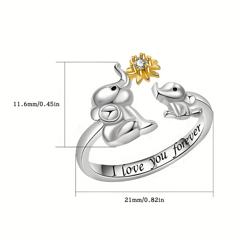 925 Silver Plated Elephants Playing With Flower Cuff Ring - Cute Jewelry