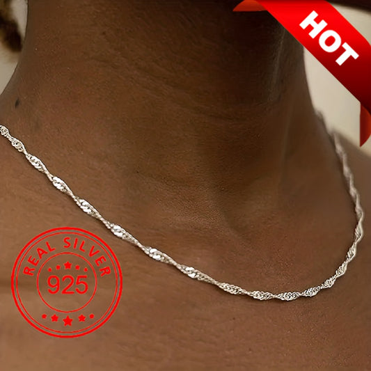 925 Sterling Silver Water Wave Chain Necklace - Classic Neck Jewelry Gift